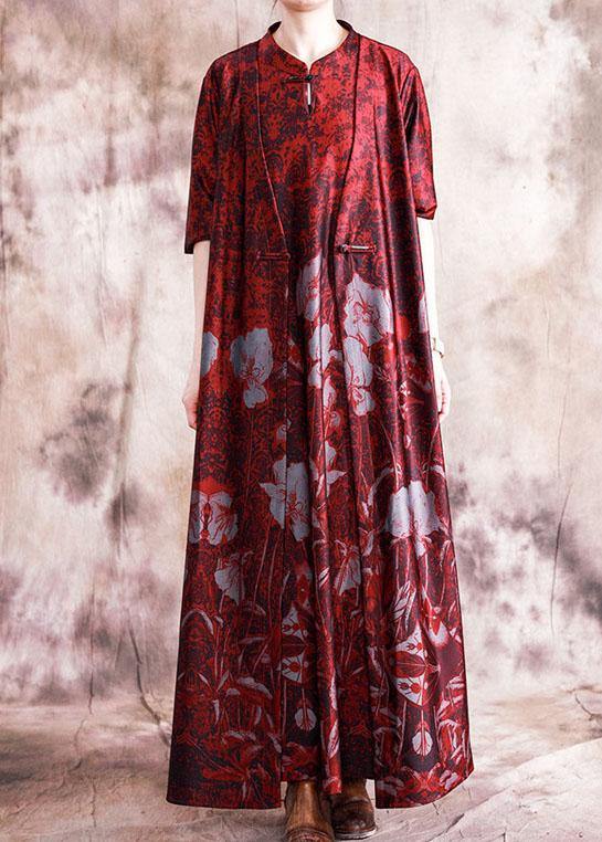 Chic stand collar Chinese Button sleeveless cotton tunic top linen red print Dresses fall