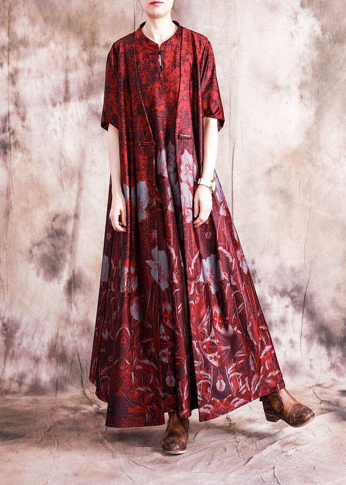 Chic stand collar Chinese Button sleeveless cotton tunic top linen red print Dresses fall