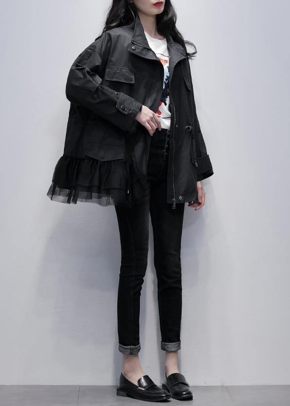 Chic stand collar Fashion coats black patchwork tulle short jackets