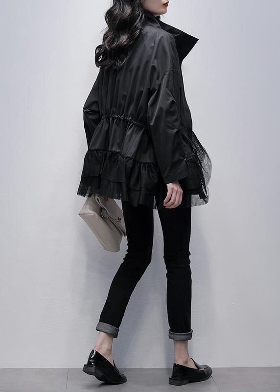 Chic stand collar Fashion coats black patchwork tulle short jackets