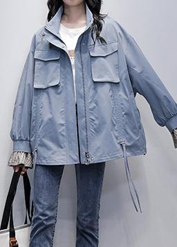 Chic stand collar flare sleeve  clothes blue baggy women coats