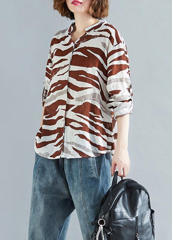 Chic v neck asymmetric linen clothes For Women chocolate striped cotton shirt