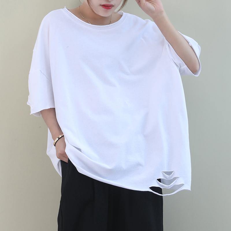 Chic white cotton crane tops o neck Hole oversized shirt