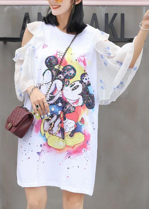 Chic white prints Cotton quilting clothes flare sleeve Knee summer Dress