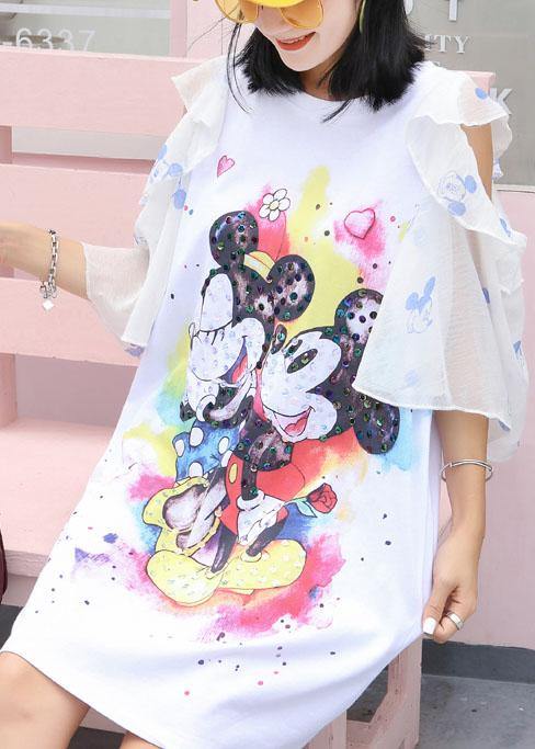 Chic white prints Cotton quilting clothes flare sleeve Knee summer Dress