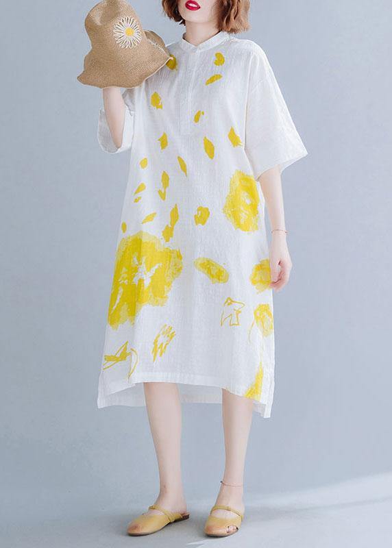 Chic white prints linen dresses stand collar Maxi summer Dress