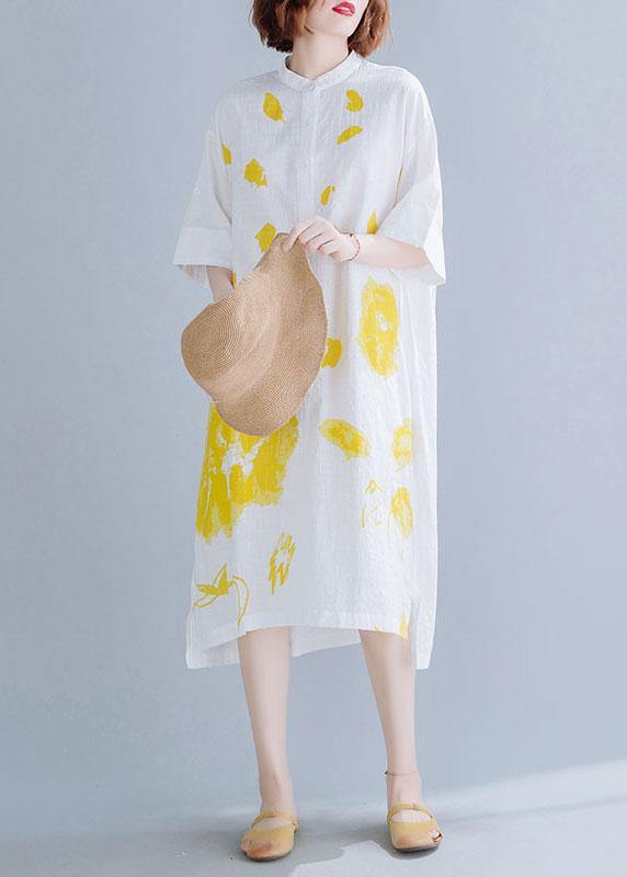 Chic white prints linen dresses stand collar Maxi summer Dress