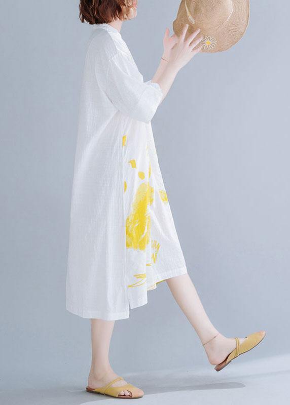 Chic white prints linen dresses stand collar Maxi summer Dress