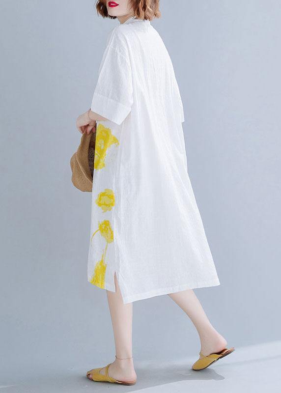 Chic white prints linen dresses stand collar Maxi summer Dress