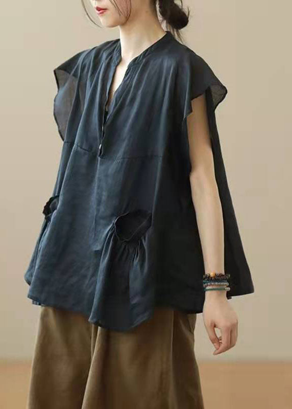 Chic Grey V Neck Patchwork Fall Shirt Top Short Sleeve