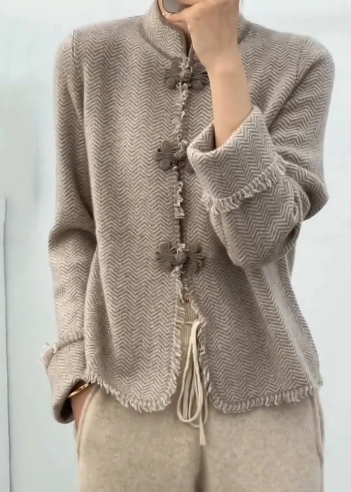 Chinese Light Camel Grey Stand Collar Button Knit Coats Long Sleeve