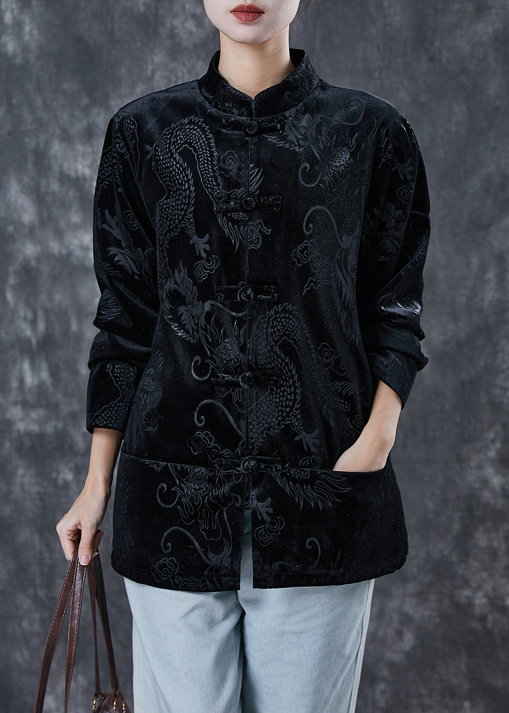 Chinese Style Black Embroideried Corduroy Jacket Spring