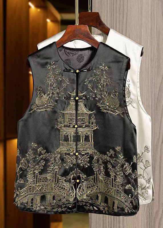 Chinese Style Black Embroideried Oriental Button Silk Vest Sleeveless