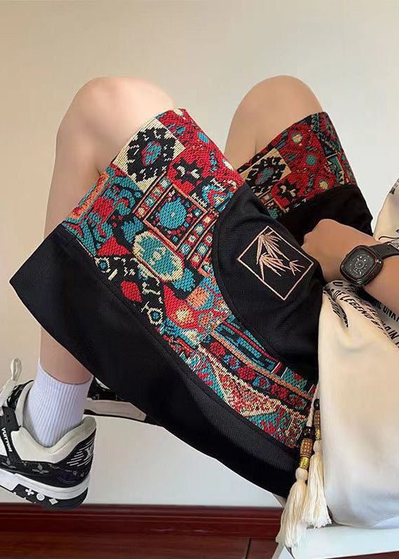 Chinese Style Black Embroideried Patchwork Cotton Men Shorts Summer