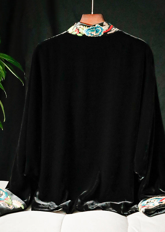 Chinese Style Black Stand Collar Embroideried Patchwork Velour Coats Long Sleeve