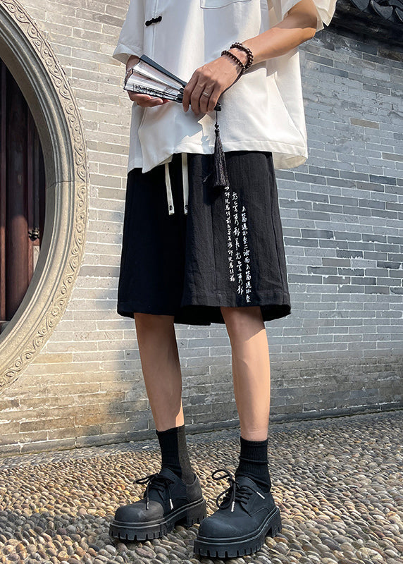 Chinese Style Black Thin Linen Pockets Men Shorts Summer