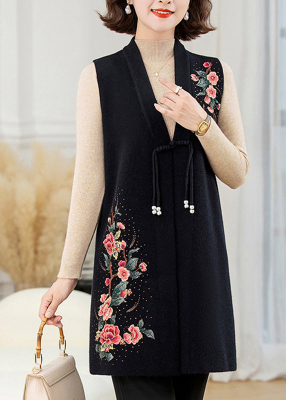 Chinese Style Black V Neck Patchwork Wool Knit Waistcoat Spring