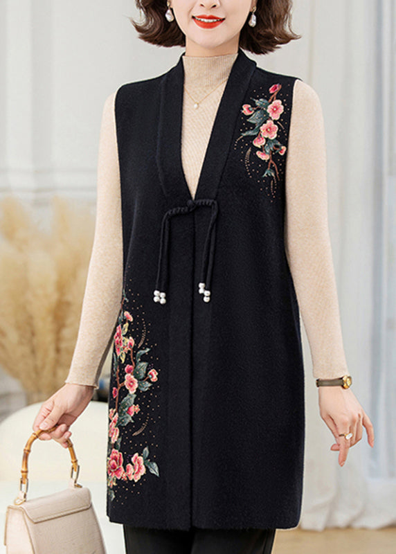 Chinese Style Black V Neck Patchwork Wool Knit Waistcoat Spring