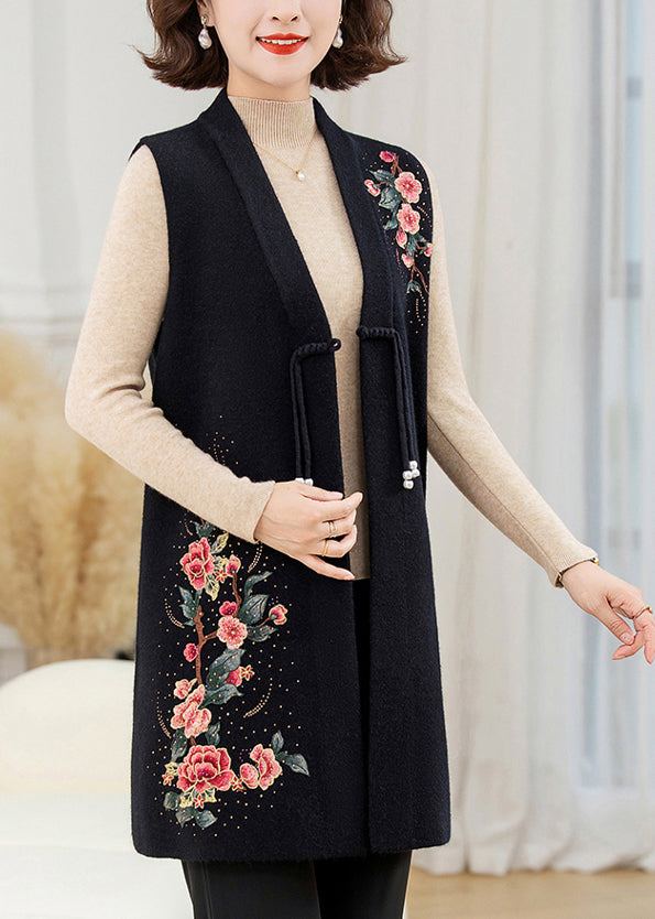 Chinese Style Black V Neck Patchwork Wool Knit Waistcoat Spring