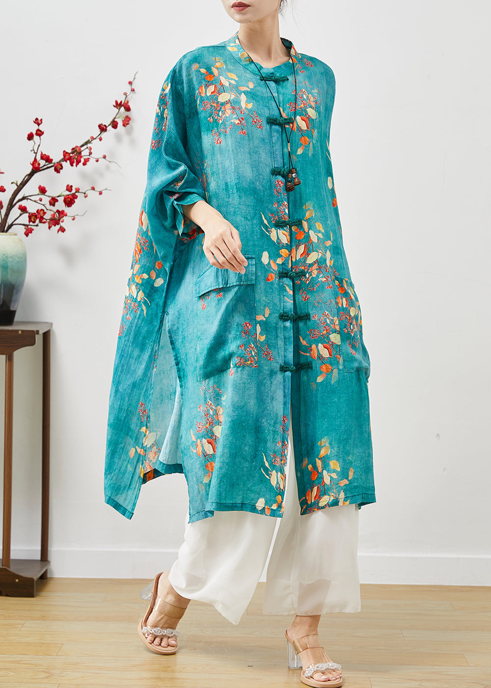 Chinese Style Blue Oversized Side Open Linen Long Shirt Summer