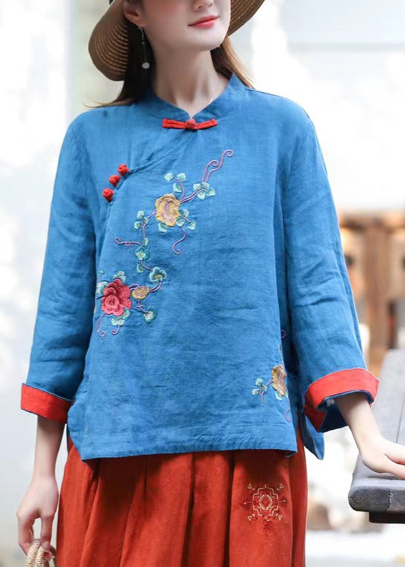 Chinese Style Blue Stand Collar Embroideried Linen Blouse Tops Long Sleeve