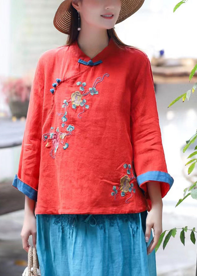 Chinese Style Blue Stand Collar Embroideried Linen Blouse Tops Long Sleeve