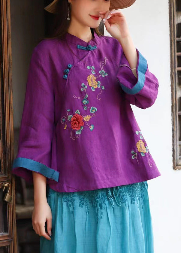 Chinese Style Blue Stand Collar Embroideried Linen Blouse Tops Long Sleeve