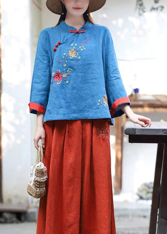 Chinese Style Blue Stand Collar Embroideried Linen Blouse Tops Long Sleeve