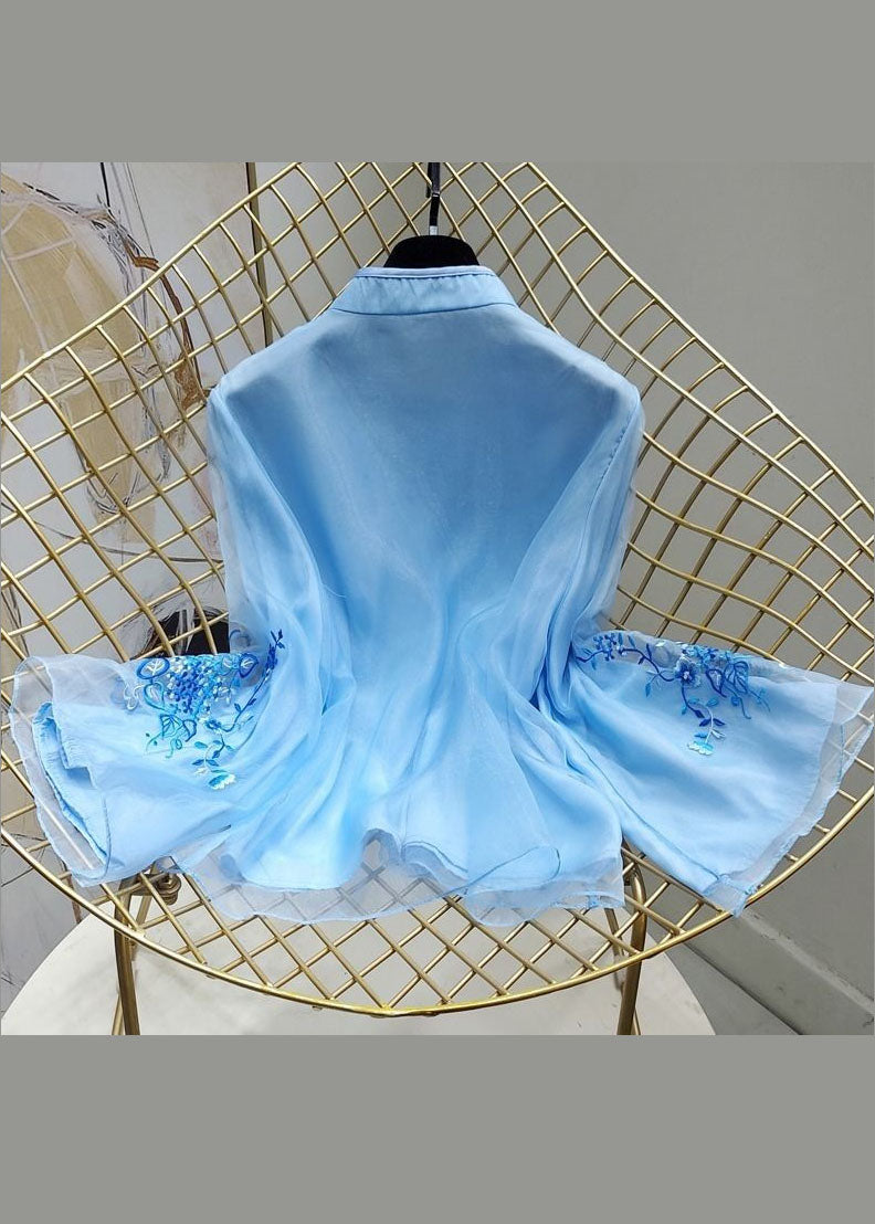 Chinese Style Blue Stand Collar button Tops flare sleeve