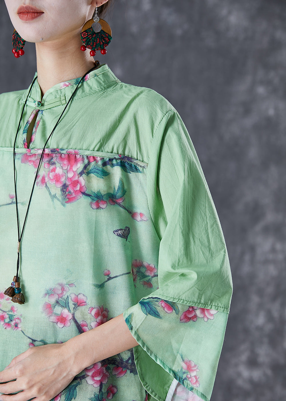 Chinese Style Green Asymmetrical Patchwork Print Linen Blouse Tops Fall