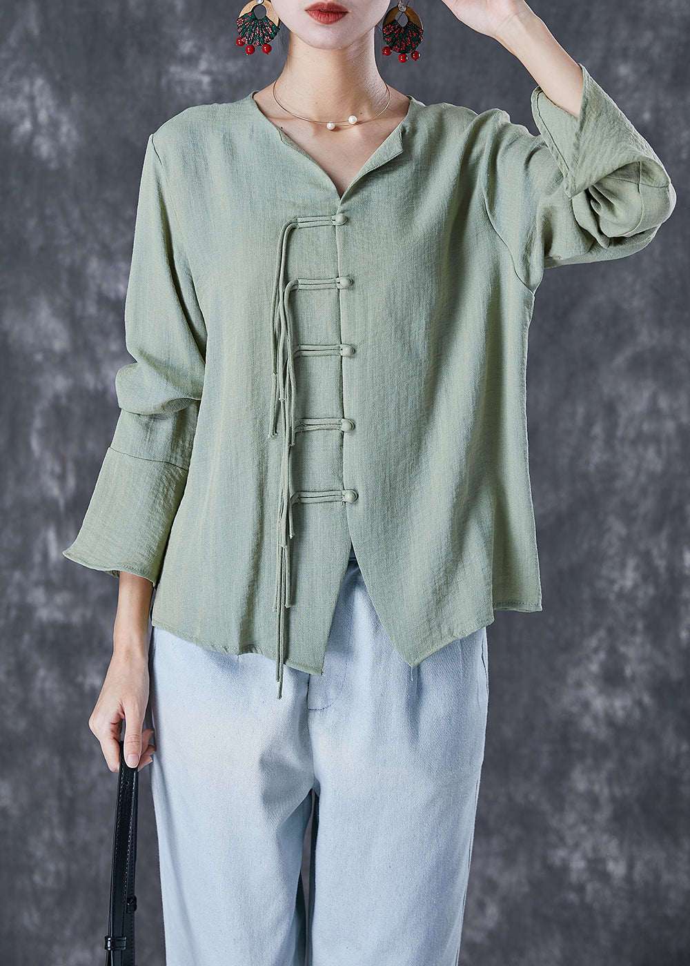 Chinese Style Green Grey Tasseled Linen Shirt Top Flare Sleeve