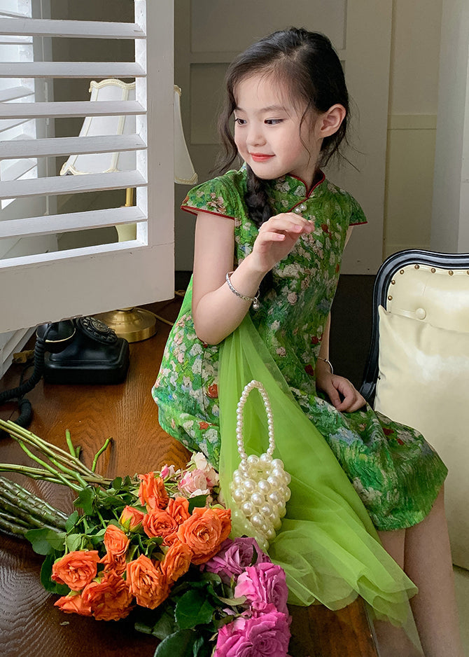 Chinese Style Green Mandarin Collar Patchwork Tulle Chiffon Kids Girls Mid Dress Summer