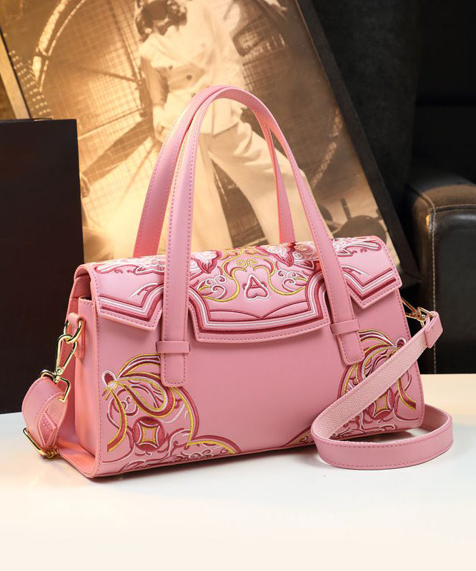 Chinese Style Pink Embroideried Calf Leather Tote Handbag