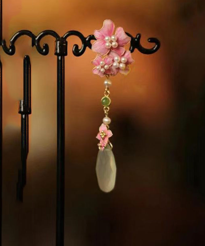 Chinese Style Pink Sterling Silver Overgild Floral Tassel Drop Earrings