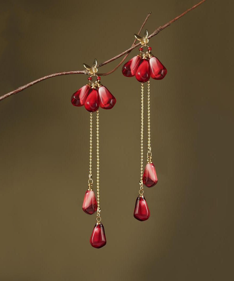 Chinese Style Red Copper Overgild Resin Glass Beads Tassel Drop Earrings