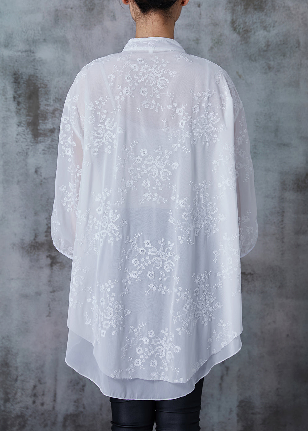 Chinese Style White Embroidered Draping Chiffon Shirt Tops Summer