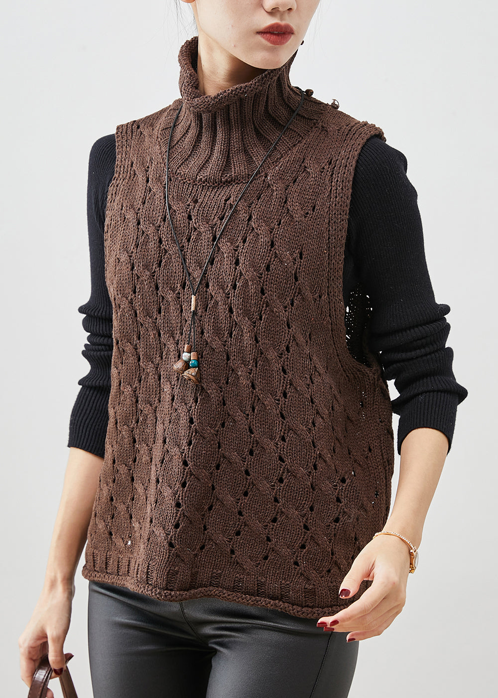 Chocolate Hollow Out Knit Vests Turtle Neck Spring