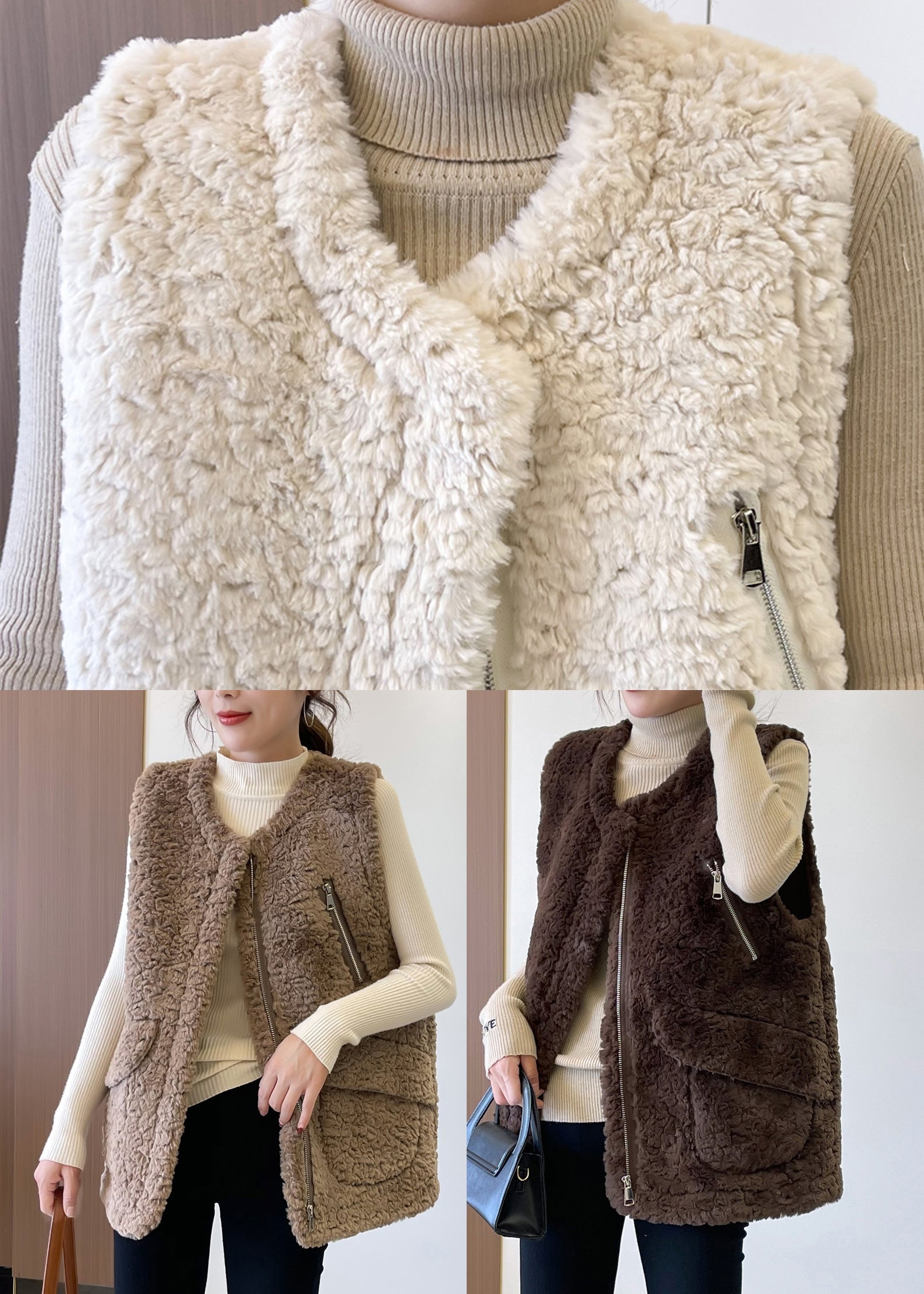 Chocolate Thick Faux Fur Teddy Vests Zip Up Pockets Winter