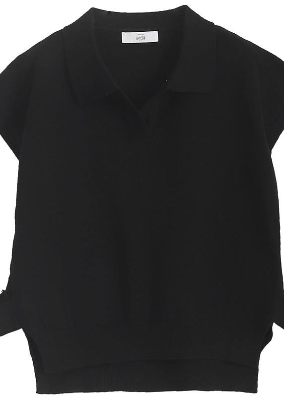 Chunky black knitwear plus size clothing lapel sleeveless tops