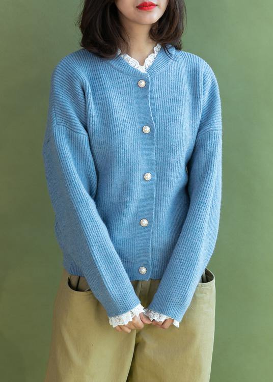 Chunky light blue sweater coat fall fashion ruffles collar sweaters