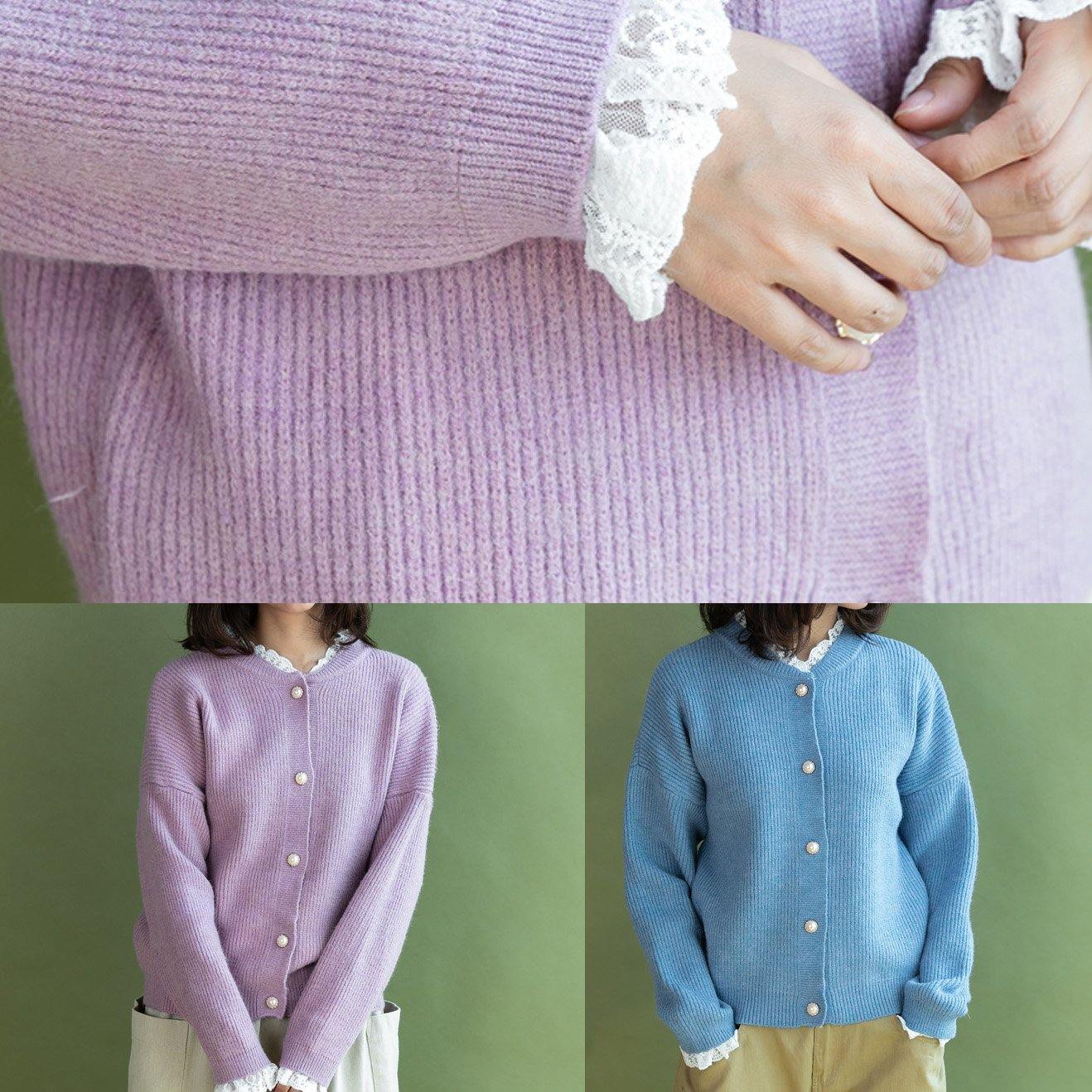 Chunky light blue sweater coat fall fashion ruffles collar sweaters