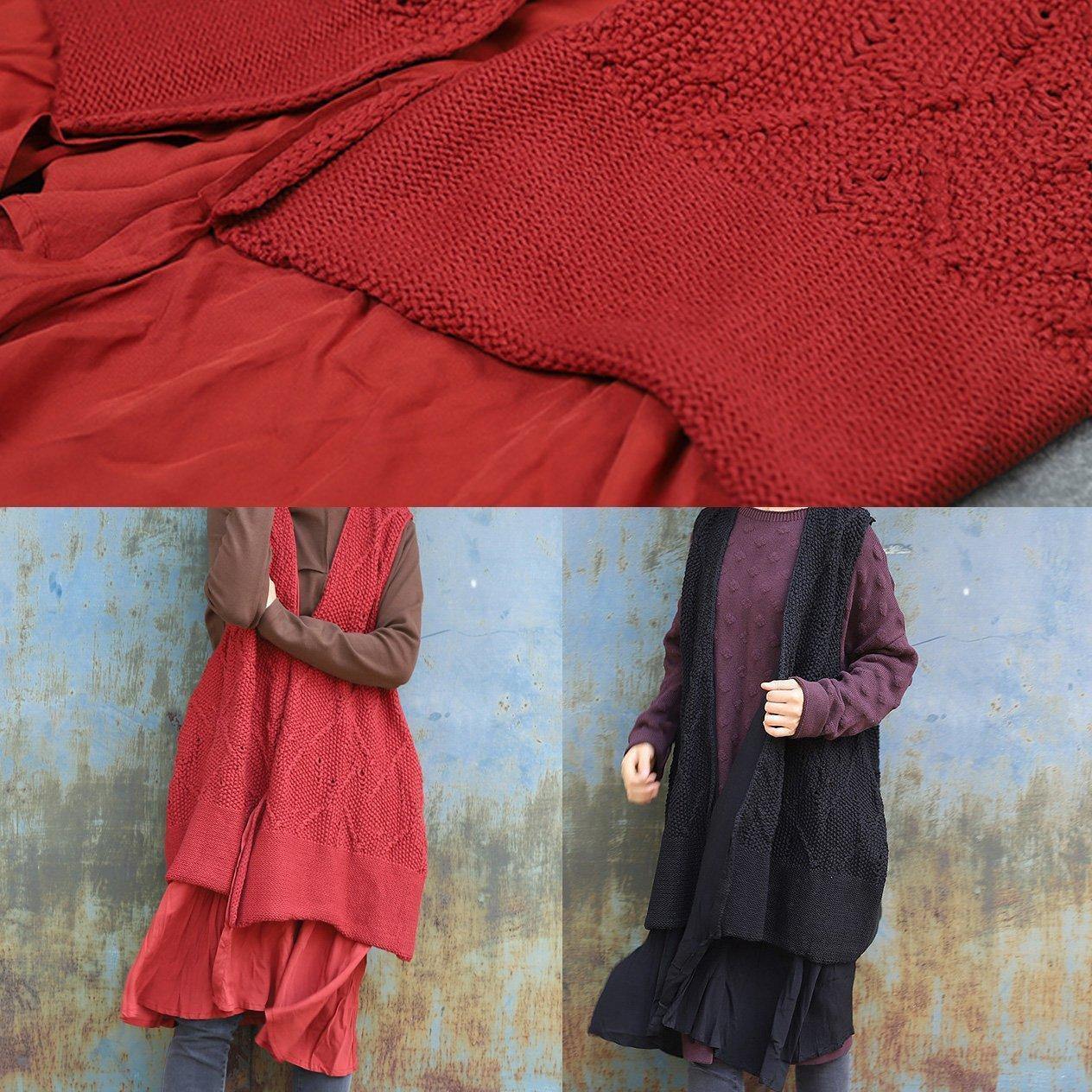 Chunky red knitted cardigans oversized sleeveless hollow out knit outwear