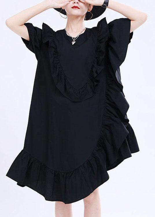 Classy Black Asymmetrical Design Ruffled Patchwork Summer Dress