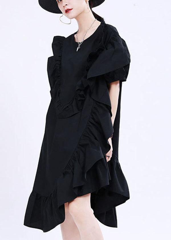 Classy Black Asymmetrical Design Ruffled Patchwork Summer Dress