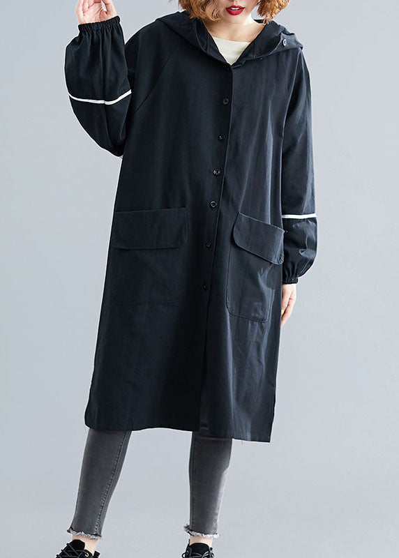 Classy Black Button Pockets Loose Fall Long sleeve Hooded Coat