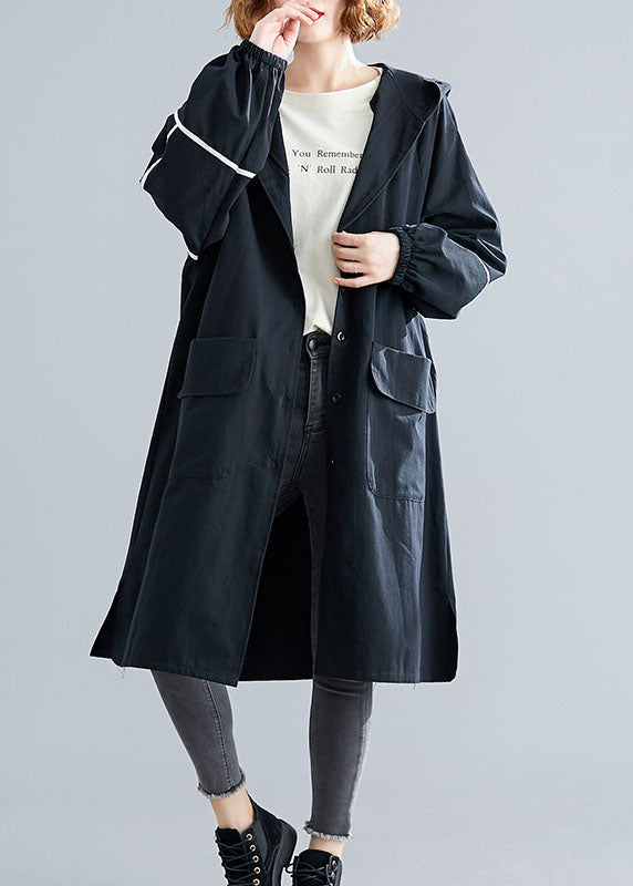 Classy Black Button Pockets Loose Fall Long sleeve Hooded Coat