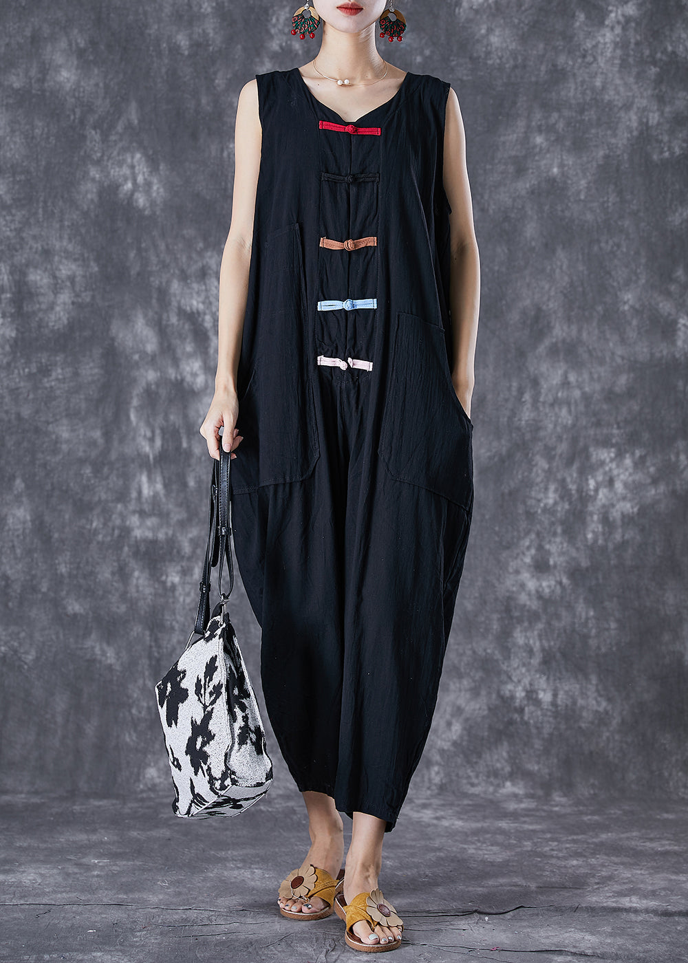 Classy Black Chinese Button Pockets Linen Jumpsuits Sleeveless