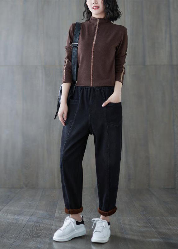 Classy Black Elastic Waist Patchwork Warm Fleece Denim Pants Winter