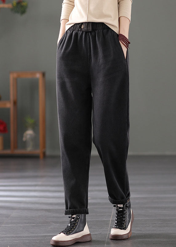 Classy Black Elastic Waist Pockets Warm Fleece Denim Pants Spring