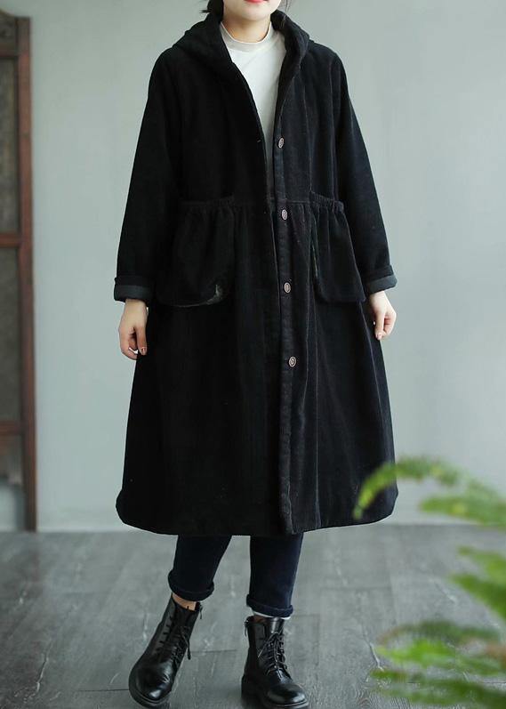 Classy Black Fine Maxi Coat Sewing Hooded Pockets Women Coats